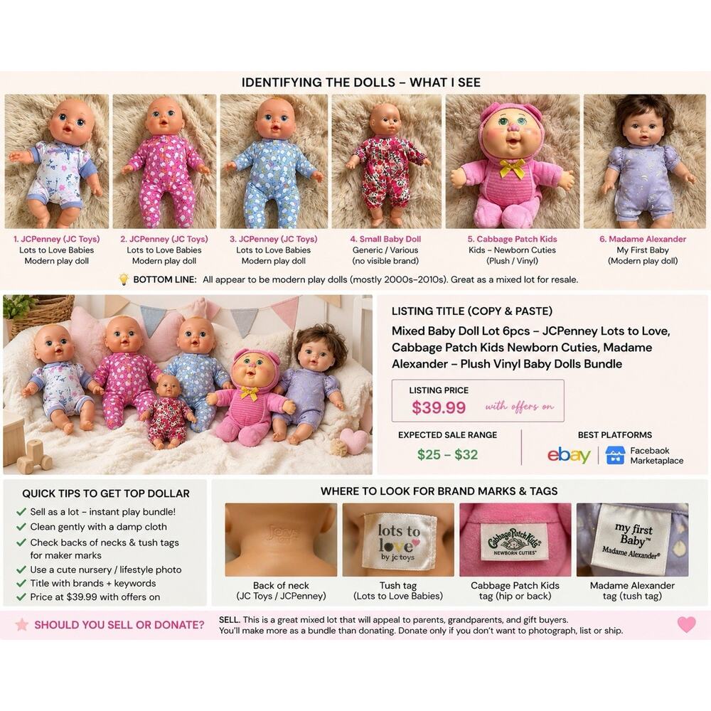 Mixed Baby Doll Lot 6pc JC Toys Cabbage Patch Madame Alexander Penelope Peapod